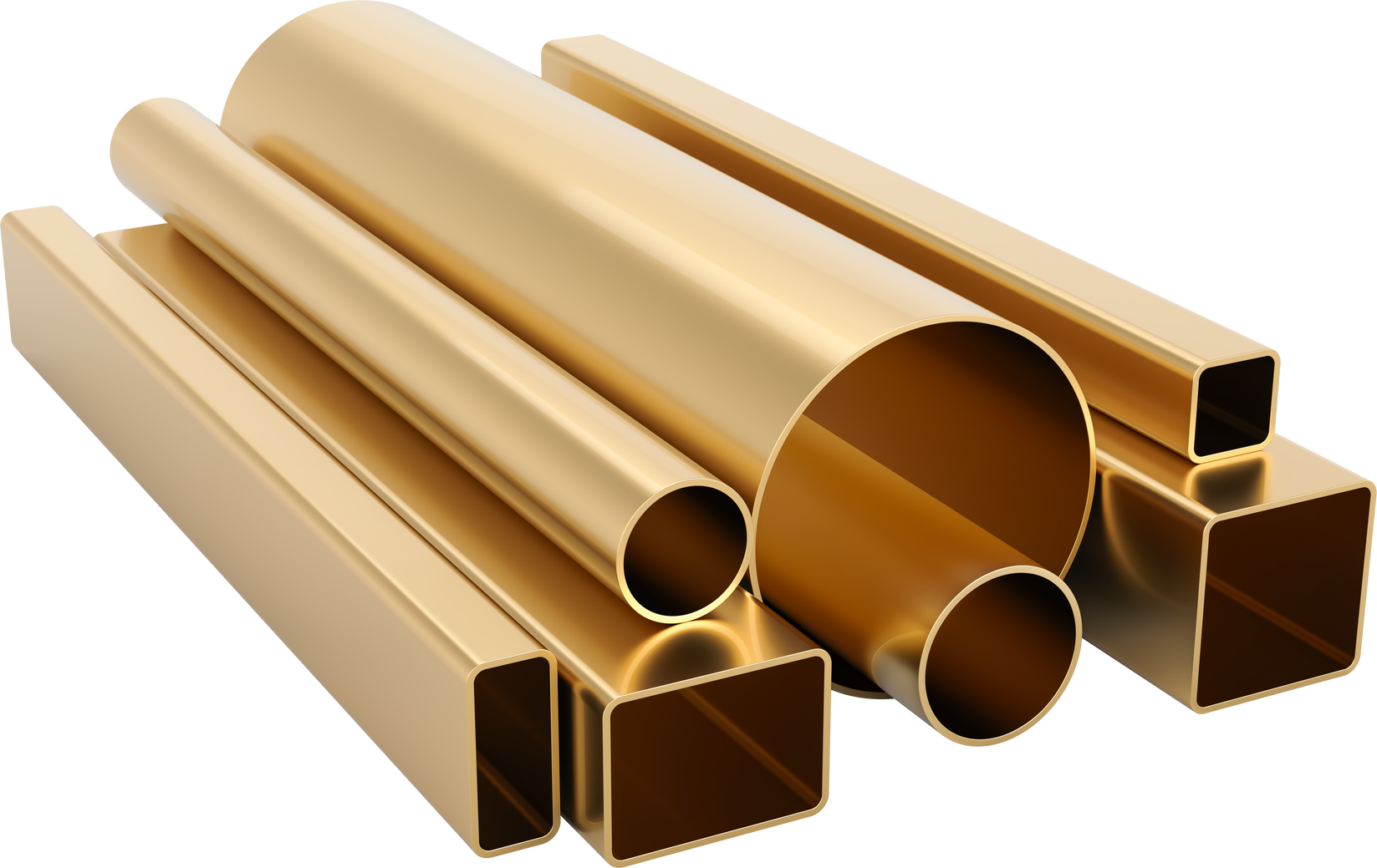 Cold rolled metal. Round pipes and square pipes, from copper, bronze or brass. Cold rolled metal. 3D rendering isolated on transparent background